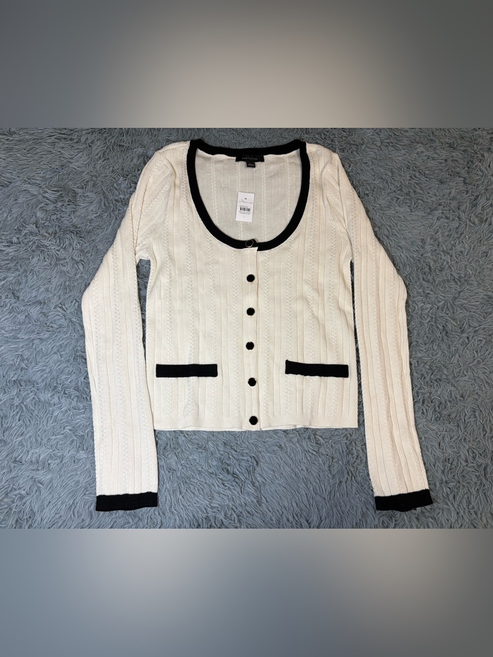 Ann Taylor Cream Cardigan with Black Trim and Buttons